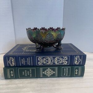 Vintage Fenton Carnival Glass Leaf Tiers Footed Bowl in Amethyst